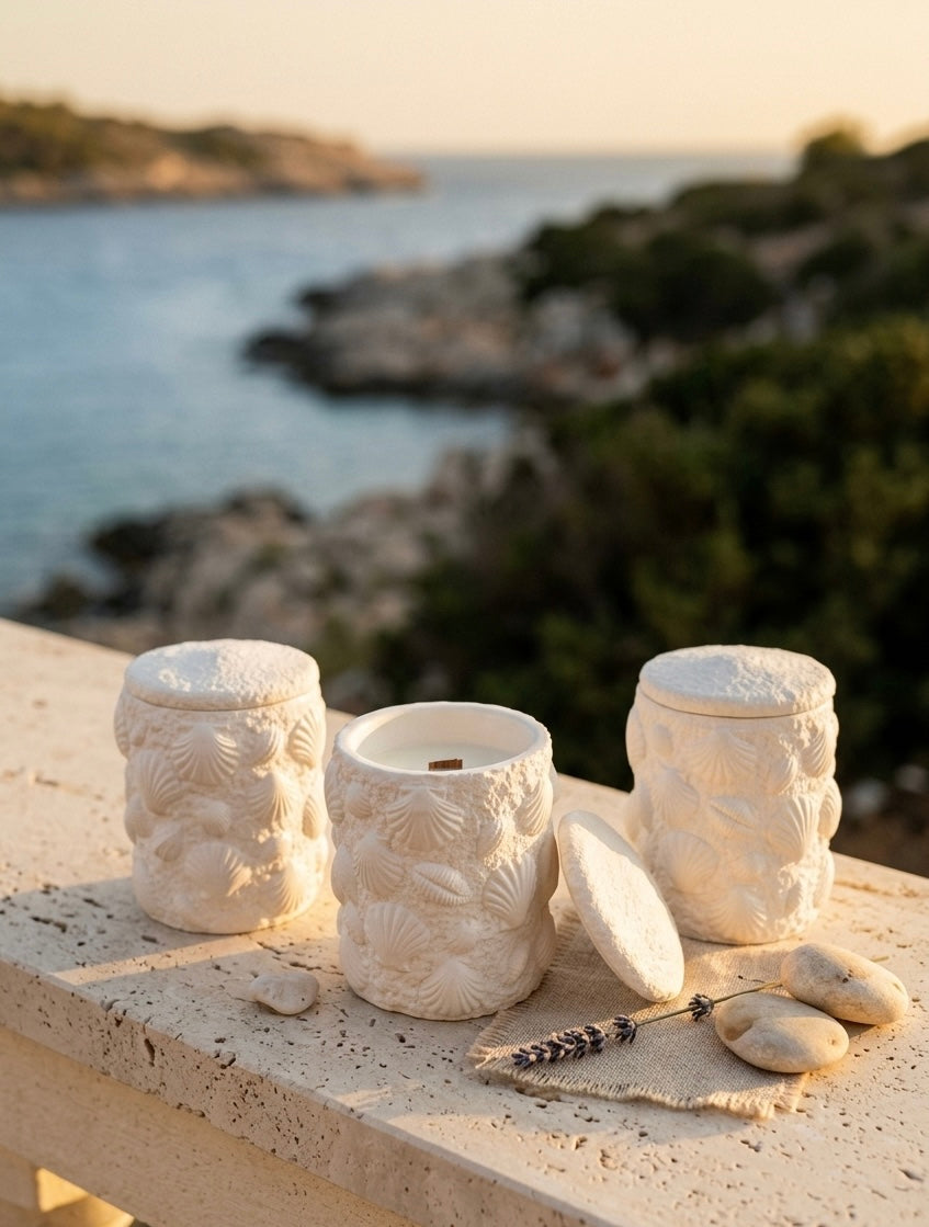 Tres velas de cerámica artesanal con conchas, colección verano mediterráneo – Rituel Lumière