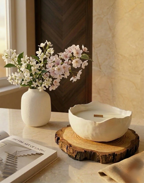 Vela Lumière Atelier II sobre trozo de madera, florero con flores blancas y rosas, y libro sobre superficie de mármol beige con puerta de madera al fondo