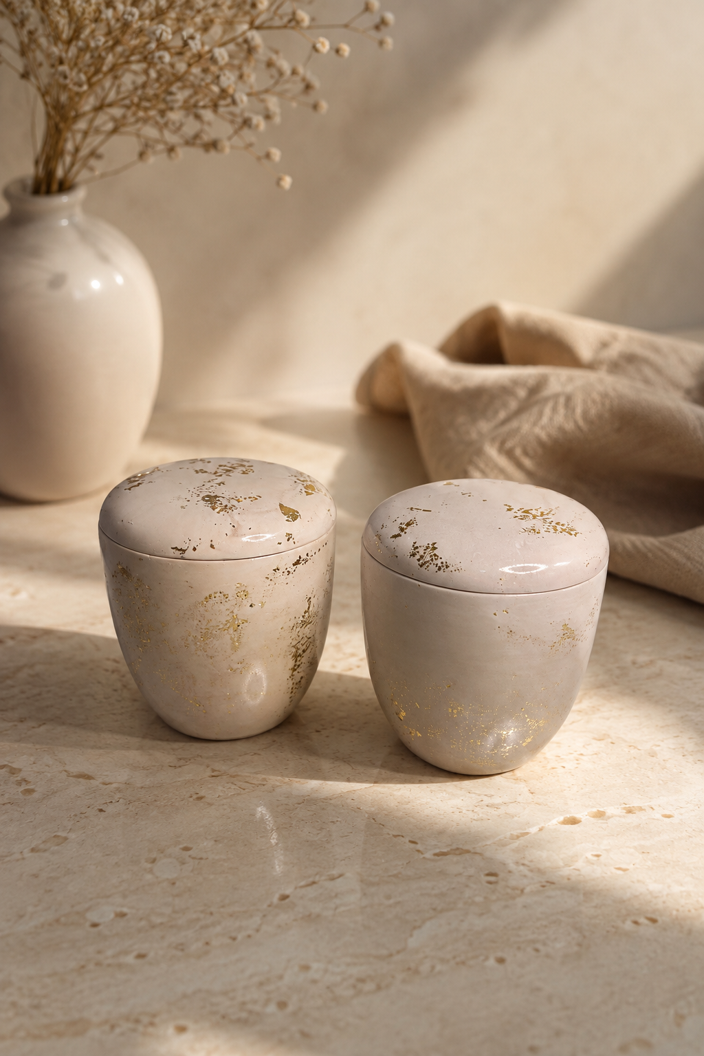 Dos velas artesanales LUMIÈRE DOCE en recipiente cerámico blanco con detalles dorados y tapa · vela aromática de soja y coco · Solaris · Ámbar Real · Caramelo Salado · Rituel Lumière