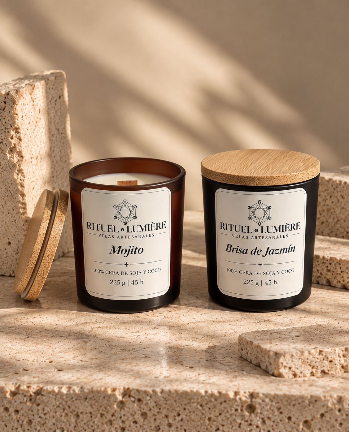 Foto de Mojito abierta junto a Brisa de Jazmín: «Velas de cera de soja y coco Mojito, abierta, y Brisa de Jazmín, con tapa, de Rituel Lumière».