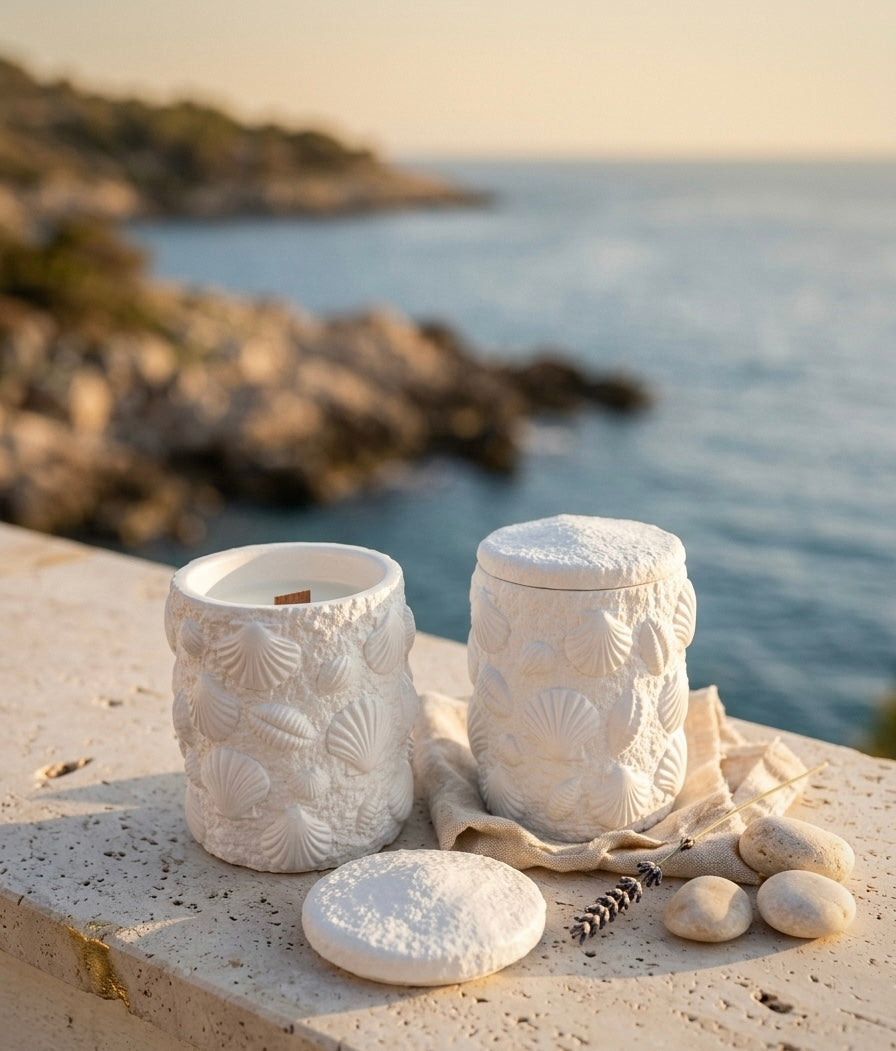  Dos velas de cerámica Lumière d'Été abiertas y cerradas con conchas en relieve frente al mar – Rituel Lumière