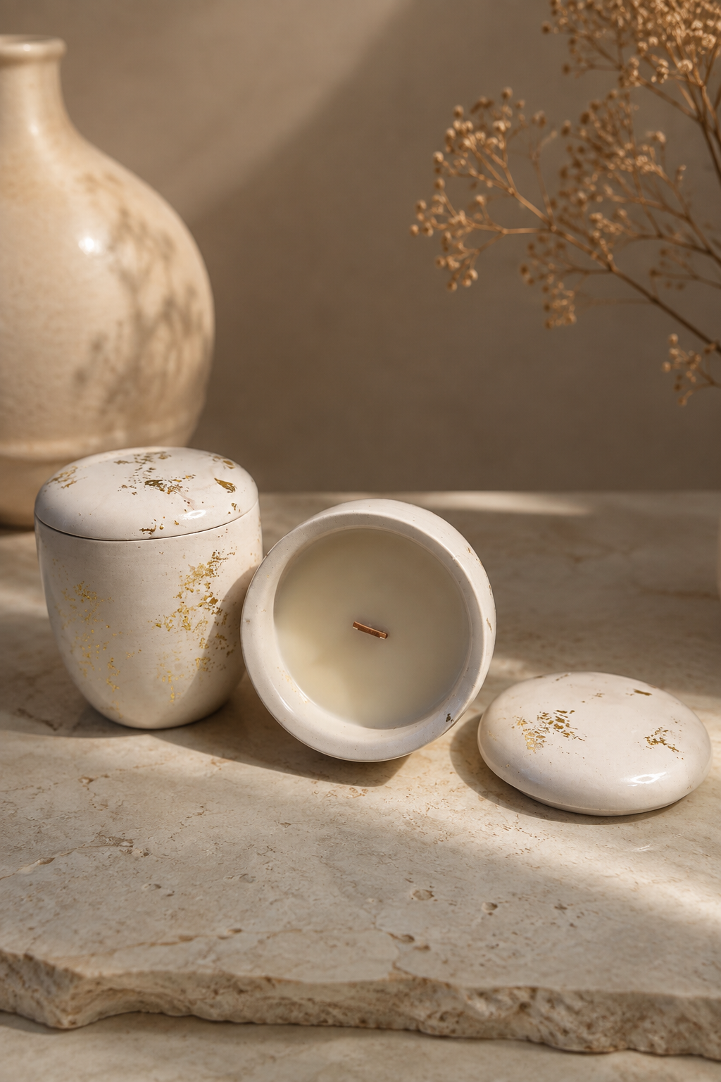 Vela artesanal LUMIÈRE DOCE con tapa cerámica y detalles dorados · interior con cera de soja y coco y mecha de madera · vela aromática decorativa · Rituel Lumière