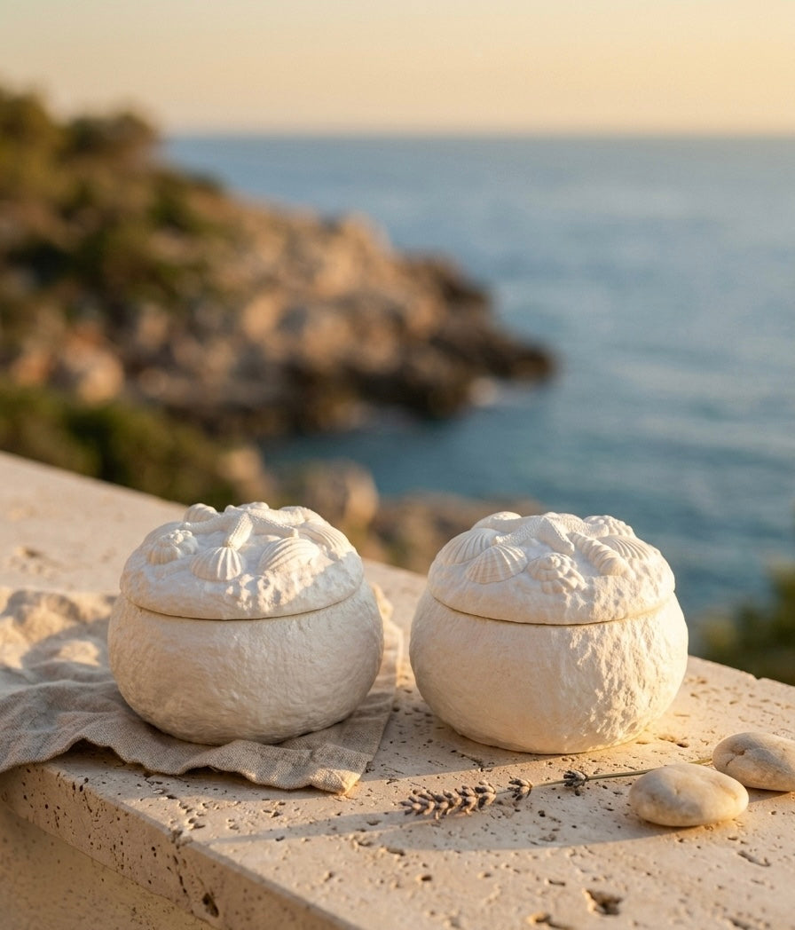 Dos velas de cerámica artesanal con conchas en relieve frente al mar al atardecer – Rituel Lumière