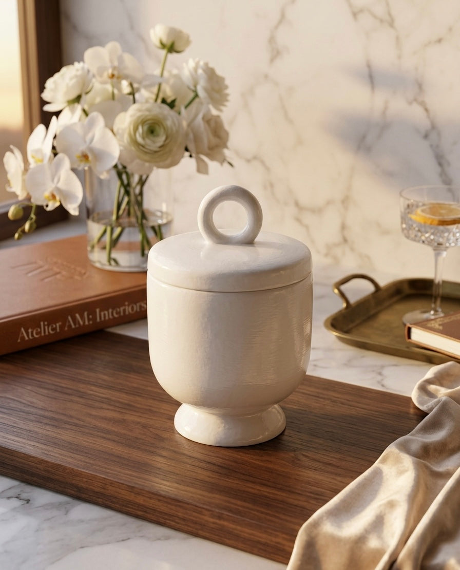 Vela artesanal Lumière Sacrèe con tapa cerámica y mecha de madera, aroma Eclipse, Rituel Lumière