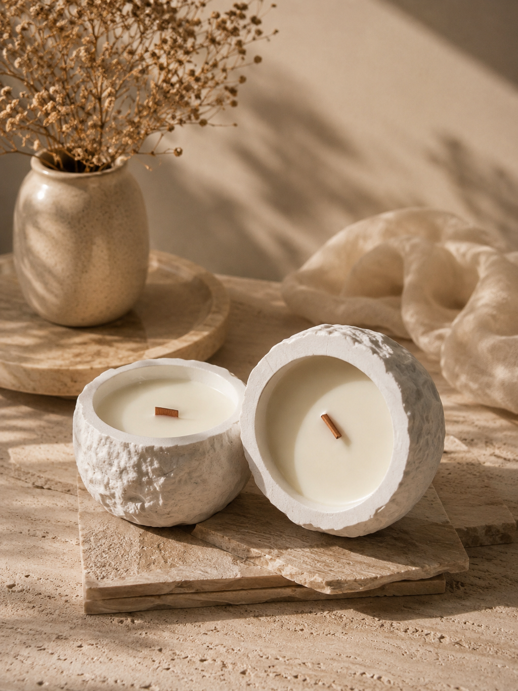 Vela artesanal LUMIERE IVOIRE aroma Leche Caliente · recipiente cerámico blanco texturizado · cera de soja y coco · mecha de madera · vela decorativa · Rituel Lumière