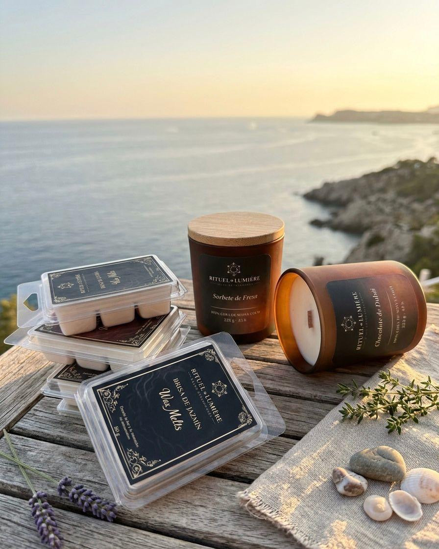 LUMIÈRE D’ÉTÉ                          velas y wax melts artesanales de cera de soja y coco