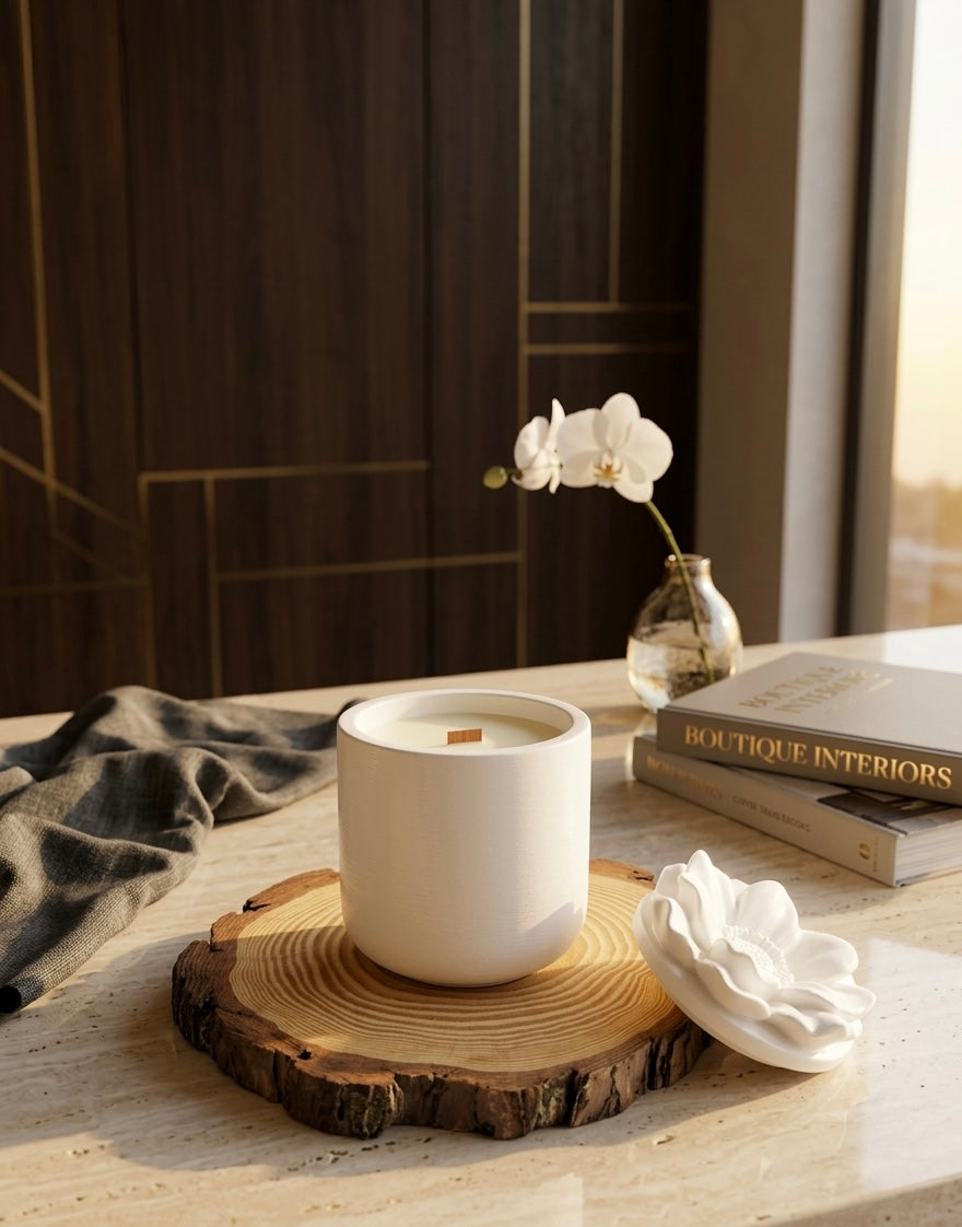 Vela artesanal LUMIÈRE DUO grande sobre tabla de madera en encimera de mármol con libros y flores, Rituel Lumière