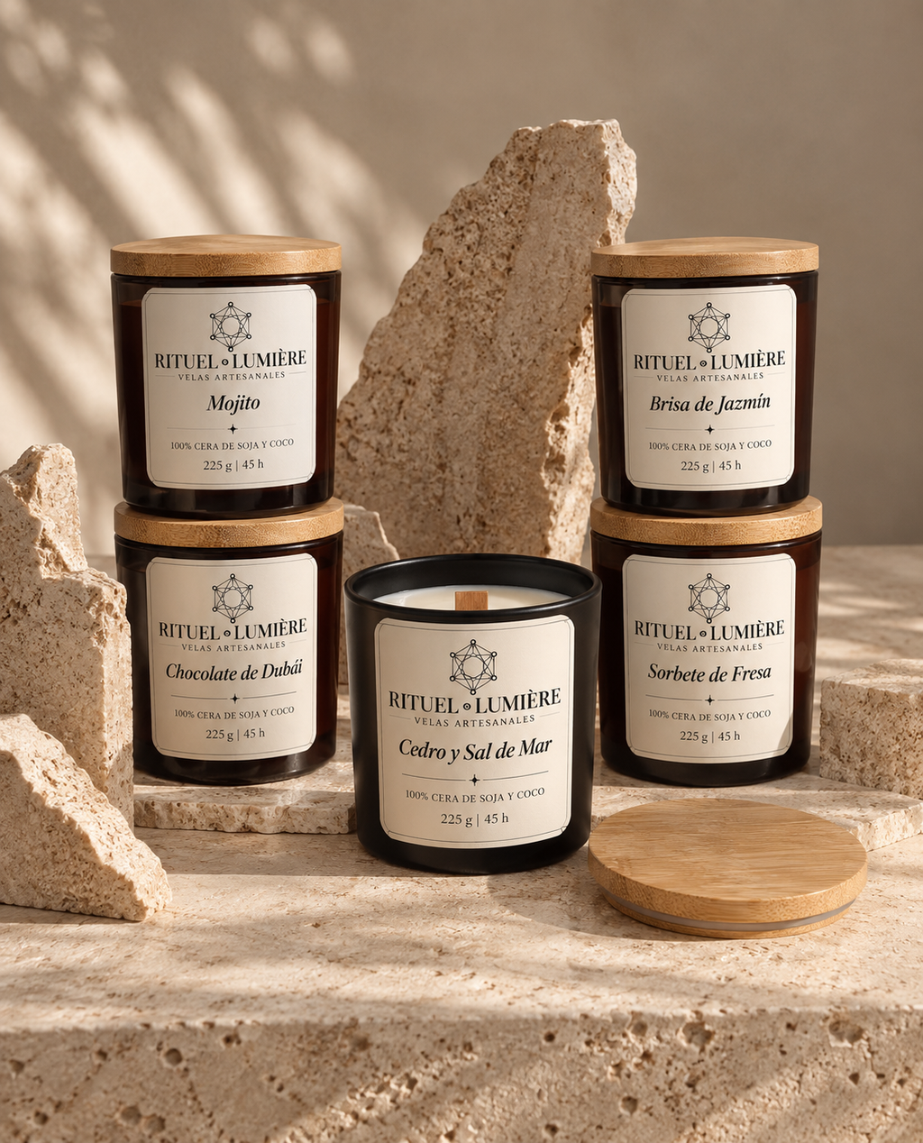 Foto de las cinco velas: «Velas artesanales Lumière D'été de cera de soja y coco en cinco aromas, en recipientes oscuros con tapas de madera».