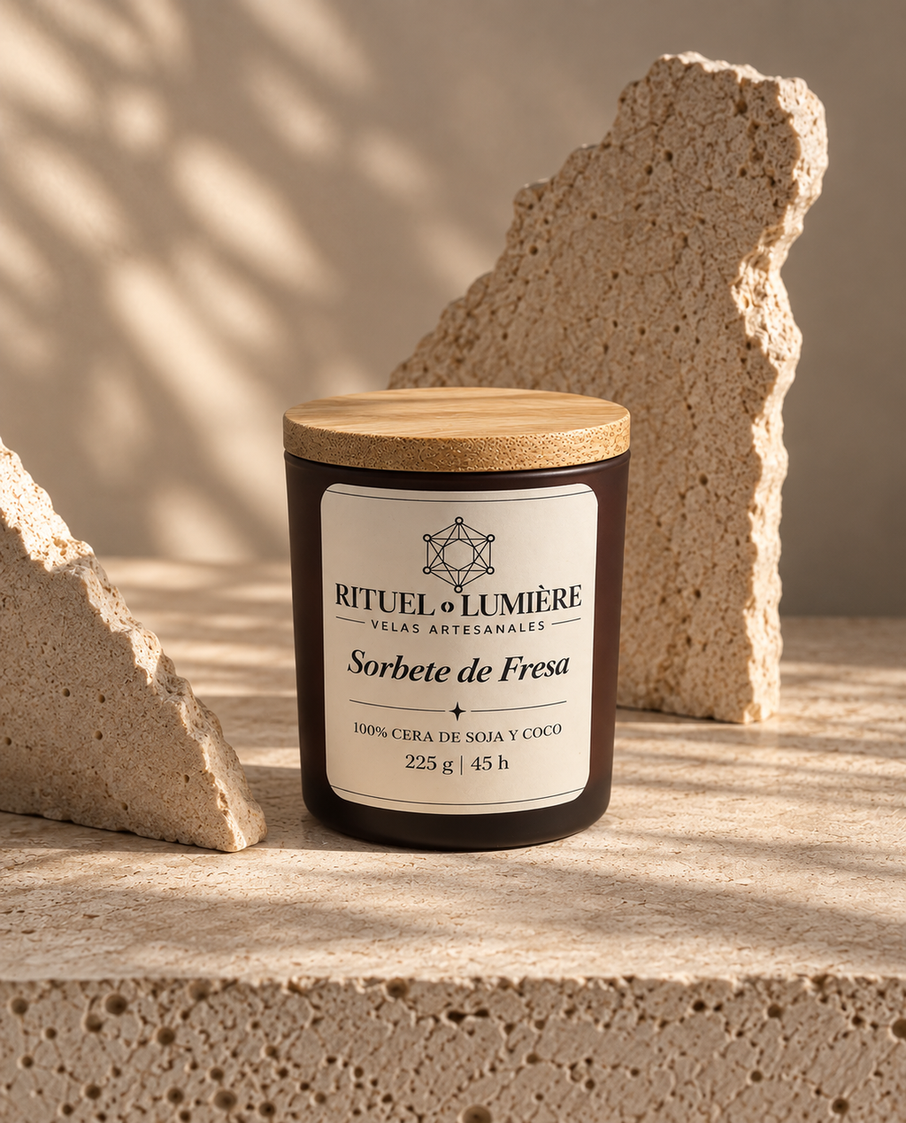 Foto de Sorbete de Fresa cerrada: «Vela artesanal Sorbete de Fresa de cera de soja y coco, en recipiente oscuro con tapa de madera»